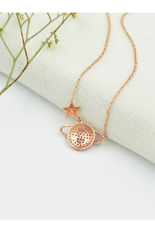 Brezza Lusso Jewelry Gezegen Rose Kolye Zirkon Taşlı Kadın Gümüş Kolye 45 CM