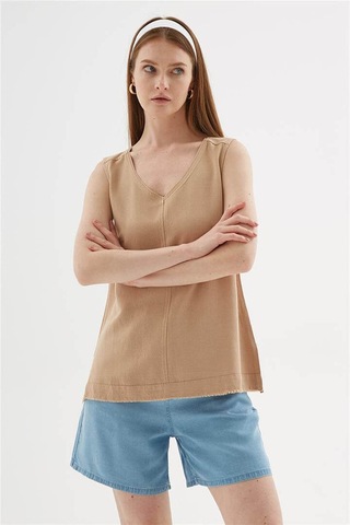 Fashion Friends V Yaka Bej Kadın Bluz 26y0530k1