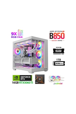 Xaser Lexus X690 White R7-7800X3D 32 GB 1 TB M.2 NVMe SSD 16 GB RTX5060Ti Free Dos Masaüstü Oyuncu Bilgisayarı