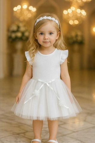 Kız Çocuk Beyaz Tül Pamuklu Özel Gün Doğum Günü Günlük Prenses Elbise Beyaz
