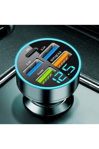 5 Port Usb Süper Hızlı Şarj Akıllı Telefon Şarj Algılama Dijital Ekran Araç Adaptörü Cep Telefonu Şarj Cihazı