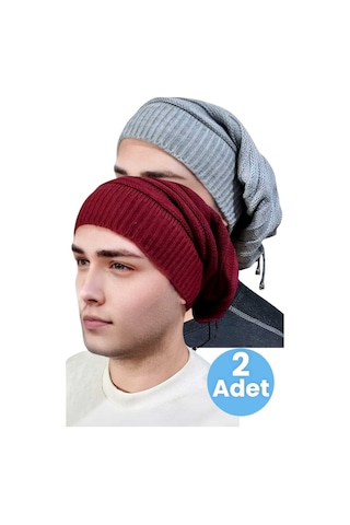 Tezzgelsin 2'li Erkek Kışlık Triko Örgü Bere Ve Boyunluk Gri - Bordo
