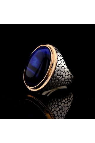 925 Ayar Gümüş Mavi Kaplan Gözü Taşlı Duvar Desenli Erkek Yüzük Çok Renkli