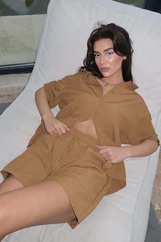 Madmext Camel Basic Kadın Şort Gömlek Takım Mg2361