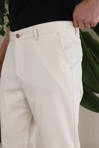Erkek Casual Slim Fit Cord Desenli Kumaş Pantolon Açık Krem
