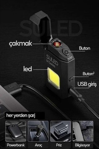 Şarjlı Çakmak Usb Şarjlı Led Fener M Serisi Kamp Çakmağı Cob Led Ce Rüzgardan Etkilenmez Siyah