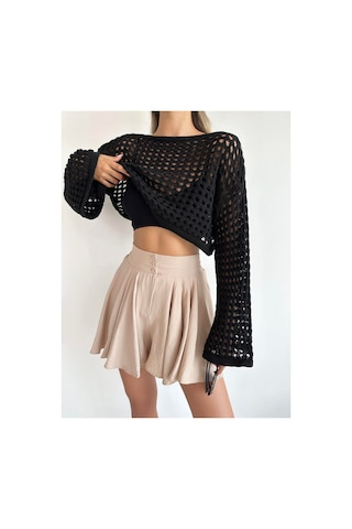 Munora Butik Uzun Kollu Siyah Triko Crop Bluz Siyah Siyah