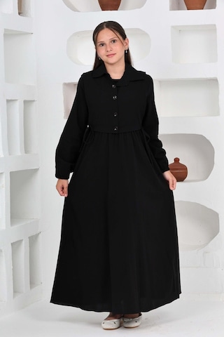 Kız Çocuk Uzun Boy Gofre Kumaş Jile & Elbise İki Parça Takım Astarlı Zarif Set-4948 Siyah