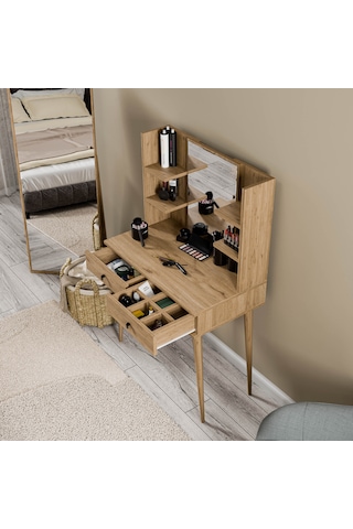 2202 Lucky Aynalı Ahşap Ayaklı 2 Çekmeceli 80 Cm Makyaj Masası