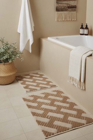 Çizgili Rustik 2 Li Banyo & Klozet Paspas Takımı Kahverengi