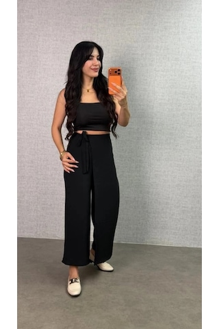 DefyModa Kadın Beli Lastikli Bağcık Detay Aerobin Kumaş Etek Pantolon Siyah