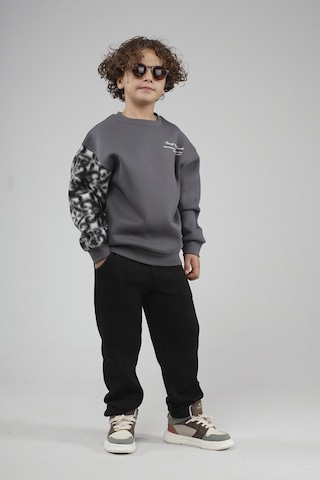 King-Brich Kingbrich Kids Bisiklet Yaka Kolu Garnili Baskılı Çocuk Sweatshirt Füme
