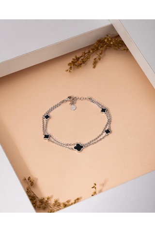 925 Ayar Rodyum Siyah Mineli İki Sıralı Yonca Charm Gümüş Bileklik Gümüş - Rodyum