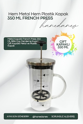 Metal Kapaklı French Press 350 Ml Bitki Çay Demleme Kupası Çift Kapaklı Metal Ve Plastik Kapak Gümüş Gri