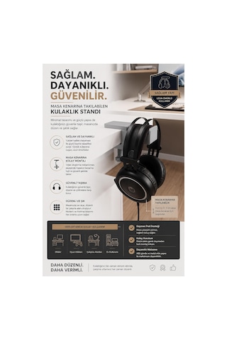 Masa Kenarı Kulaklık Standı, Gri Kulaklık Standı, 0-5 Cm Masa Kalınlığına Uyumlu, Dayanıklı Gaming Kulaklık Askısı, Kulaklık Tutucu