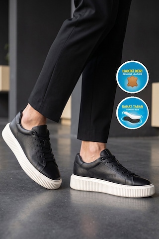 Komcero Kauçuk Tabanlı Bağcıklı Sneaker Siyah-beyaz Hakiki Deri Erkek Casual Ayakkabı Hz1458-2049