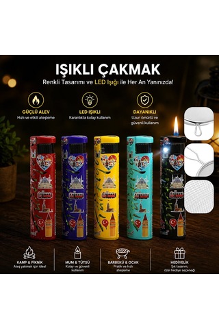 Tercih Edilen Baskılı Tasarım Farklı Model Rüzgar Çakmağı - Led Işıklı - Türkiye Temalı - Renkli