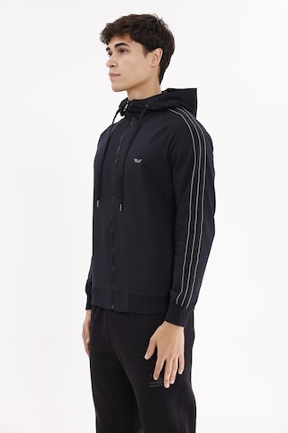 Rowinger Çift Şerit Kol Detaylı Tam Fermuarlı Cepli Rahat Kalıp Ayarlanabilir Kapüşonlu Sweatshirt Black
