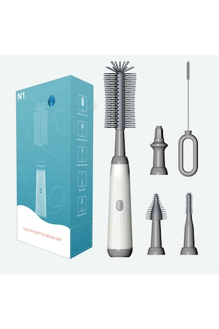 Yaozixa N1 Gri Elektrikli Biberon Fırçası Seti - 2 Hızlı Temizleme Modu, Çok Fonksiyonlu, Yeniden Kullanılamabilir Silikon Uçlar