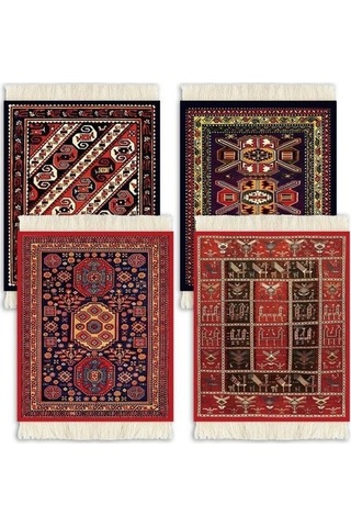 Primepickings 4 Adet Set Halı Altlığı Oryantal Tasarım Halı Içecek Matı Püskül Halı Altlığı Yalıtım Pedi Dal