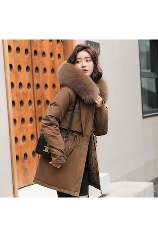 Snapbuy Kalın, Yumuşak Dolgulu, Midi Boy, Kapüşonlu, Kürk Detaylı Kadın Mont Kahve