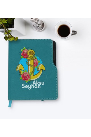 Kişiye Özel Çapa Tasarımlı Turkuaz Termo Deri Defter-4 Turkuaz