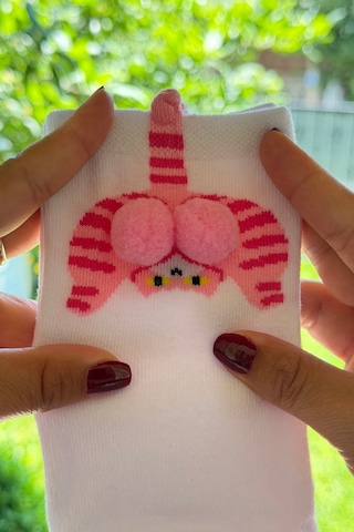 Lousocks Unisex Beyaz Kedi Desenli Ponpon Soket Çorap