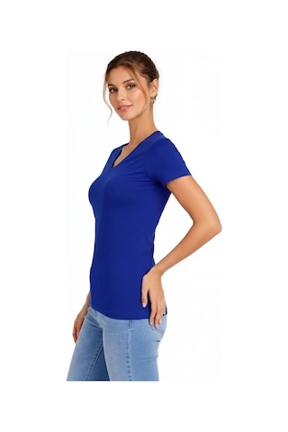 Tarzyeri Kadın V Yaka Tişört Kısa Kol Slim Fit T-shirt 2'li Set Saks Mavisi-ekru Çok Renkli