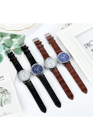 Üç Gözlü Mavi Işık Cam Kemerli Erkek Saati - Beyaz Kadran Siyah Çok Renkli