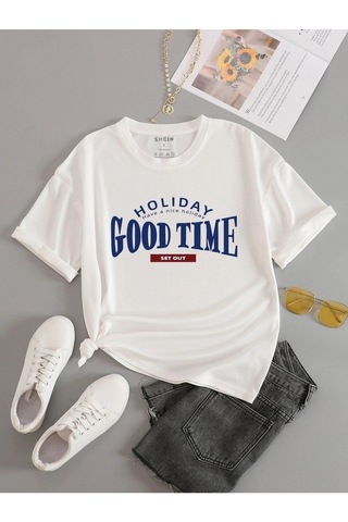 Beyaz Oversize Holiday Baskılı Örme T-shirt Beyaz
