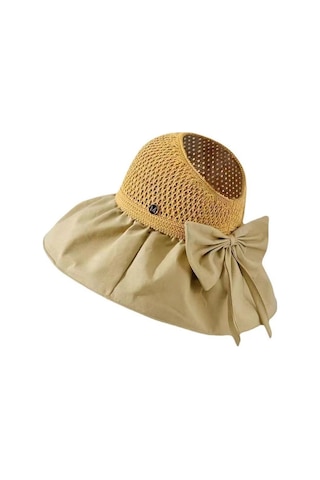 Bayanlar İçin Şık Siyah Tutkallı Boş Üst Güneşlikli Geniş Kenarlı Yüz Koruyucu Şapka Sarı