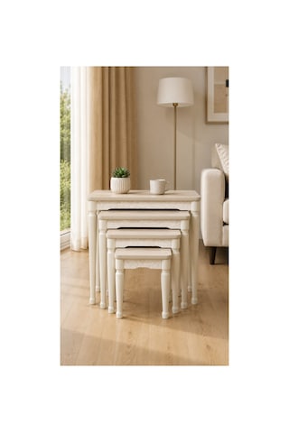 Lidya 4 Lü Zigon Sehpa Takımı Mdf Tabla, Lake Boyalı Gürgen Ayak, Beyaz