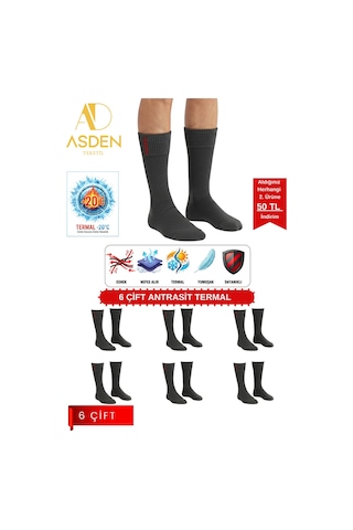 Asden 6 Çift Termal Erkek Çorap Ekstra Kalın Havlu Premium Pamuklu Burun Dikişsiz Kısa Konç Siyah Antrasit6