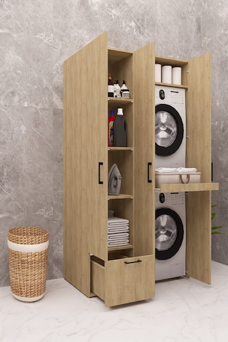 Mdf Çamaşır Makinesi Ve Kurutma Makinesi Dolabı Ütü Masalı Kapaklı Ahşap Lefkas Meşe