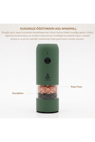 Pizen Windmill Usb Şarjlı Otomatik Baharat Öğütücü Led Işıklı Ayarlanabilir Tuz Karabiber Değirmeni Yeşil