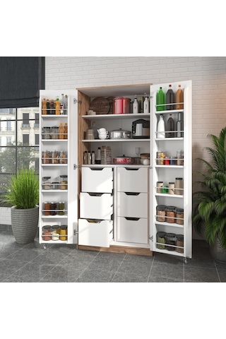 165 Derece Açılabilir 2 Kapaklı, 6 Çekmeceli, Kavanoz Raflı Kiler Ve Erzak Mutfak Dolabı Atlantik Çam Beyaz