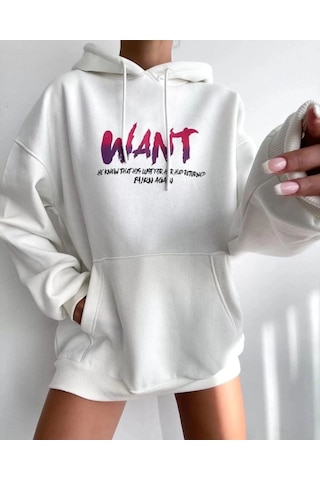 Mbb E-ticaret Kadın Oversize Kapüşonlu Cepli Want Baskılı 3 İplik Pamuklu Hoodie Sweatshirt - Beyaz
