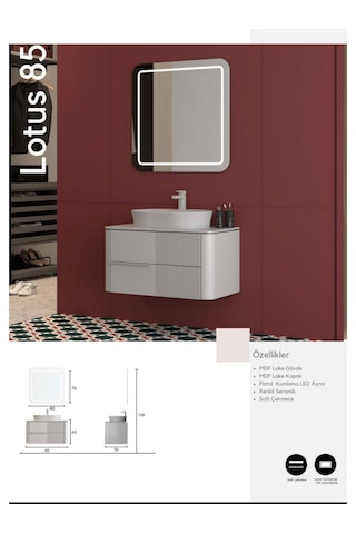 Evros Lotus 85 Cm Banyo Dolabı Gri