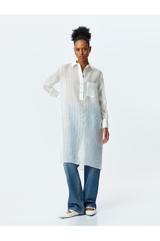 Koton Uzun Kollu Gömlek Yaka Yarı Transparan Oversize Uzun Tunik Kırık Beyaz 5sak60193uw Ekru