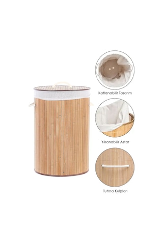 Naturel Yuvarlak Kirli Çamaşır Sepeti - Bambu Katlanabilir Çamaşır Sepeti Sele 35x50 Cm 60 Lt Bej Bej