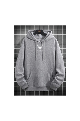 Tarzsokak Unisex Kadın/erkek Geyik Renkli Oversize Kapüşonlu Sweatshirt Gri