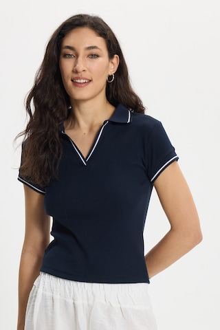 Tudors Kadın Slim Fit Dar Kesim Pamuklu Polo Yaka Kısa Kollu Lacivert Tişört-50463