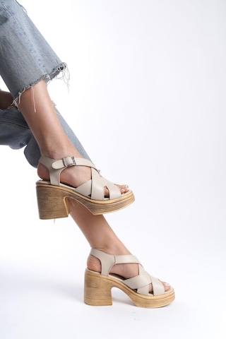Preshley Kadın Diego Krem Ortopedik İç Taban 8 Cm Platform Topuk Sandalet-Krem Cilt Krem