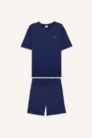 Defacto %100 Pamuk New Regular Fıt Kısa Kollu 2li İndigo Şortlu Pijama Takımı I0686ax26hsın42 İndigo-ın42