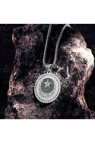 925 Ayar Gümüş Kelime-i Tevhid Yazılı Ayyıldız Tasarım Yuvarlak Erkek Kolye Gümüş