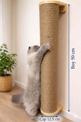 Kedi Tırmalama Direği Duvar Tipi 50 Cm 12,5 Dev Çap Jüt İp Kaplı Dayanıklı Ahşap Tırmalama Tahtası