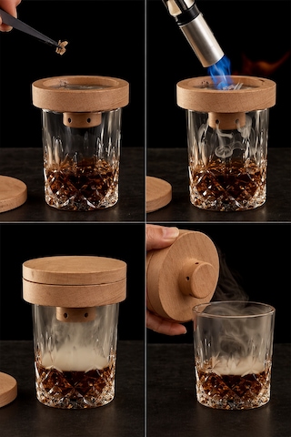 Premium Viski Tütsüleme Seti Ahşap Kapaklı Cam Smoke Infuser, Kokteyl Aromalandırma