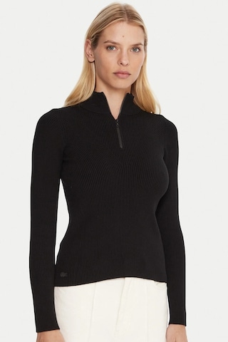 Lacoste Tight Fit High Neck 3d Ribbed Knit Sweater Kadın Dar Kesim Yarım Fermuar Tam Boy Fitilli Kazak Siyah Siyah