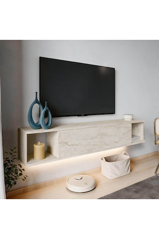 İnarch Dizayn Twist Led Işıklı Duvara Monte Tv Sehpası - 2 Kapaklı Traverten