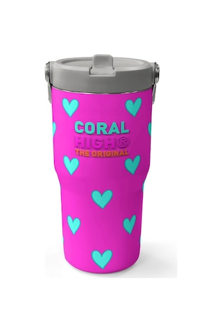 Coral High Neon Pembe Su Yeşili Kalp Desenli Katlanır Ağızlıklı Çelik Termos 600 Ml 38908 Pembe